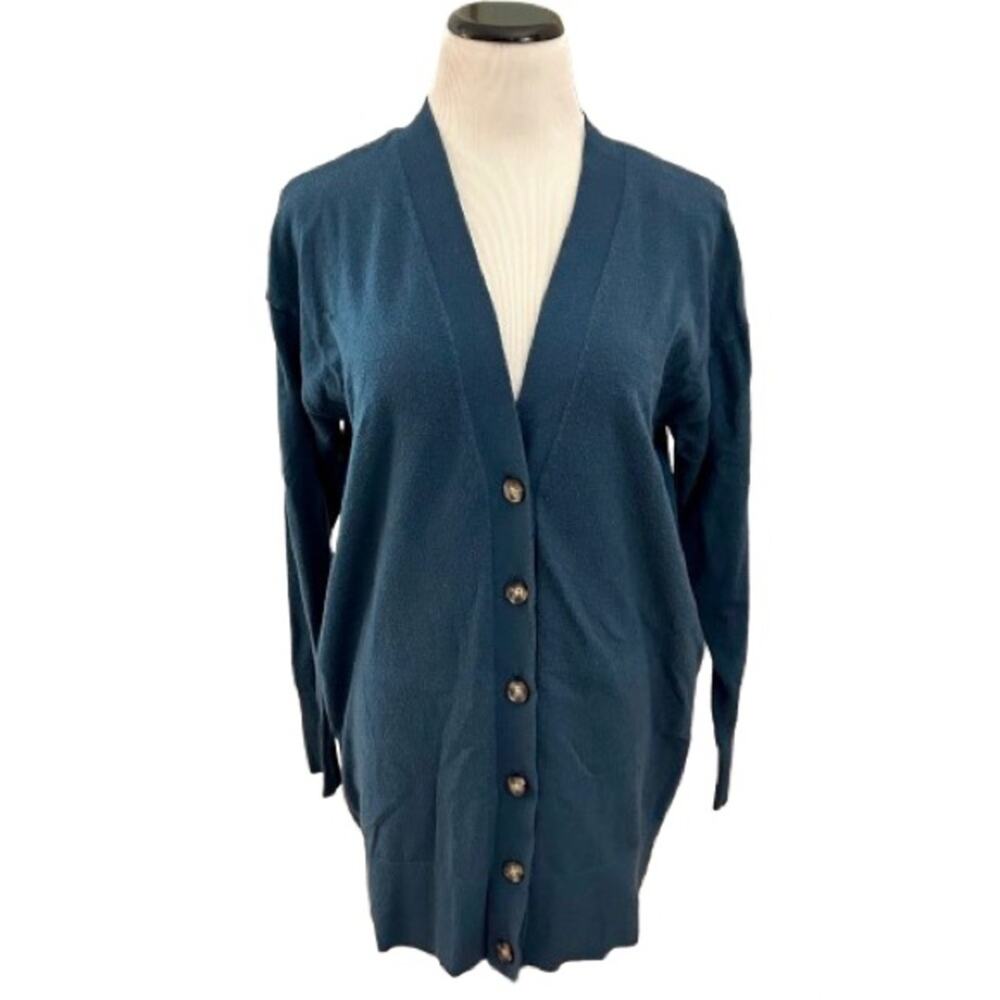 Worthington Teal Blue Grandpa Style Button-Up Long Sleeve Long Cardigan. Size M. - Picture 2 of 6